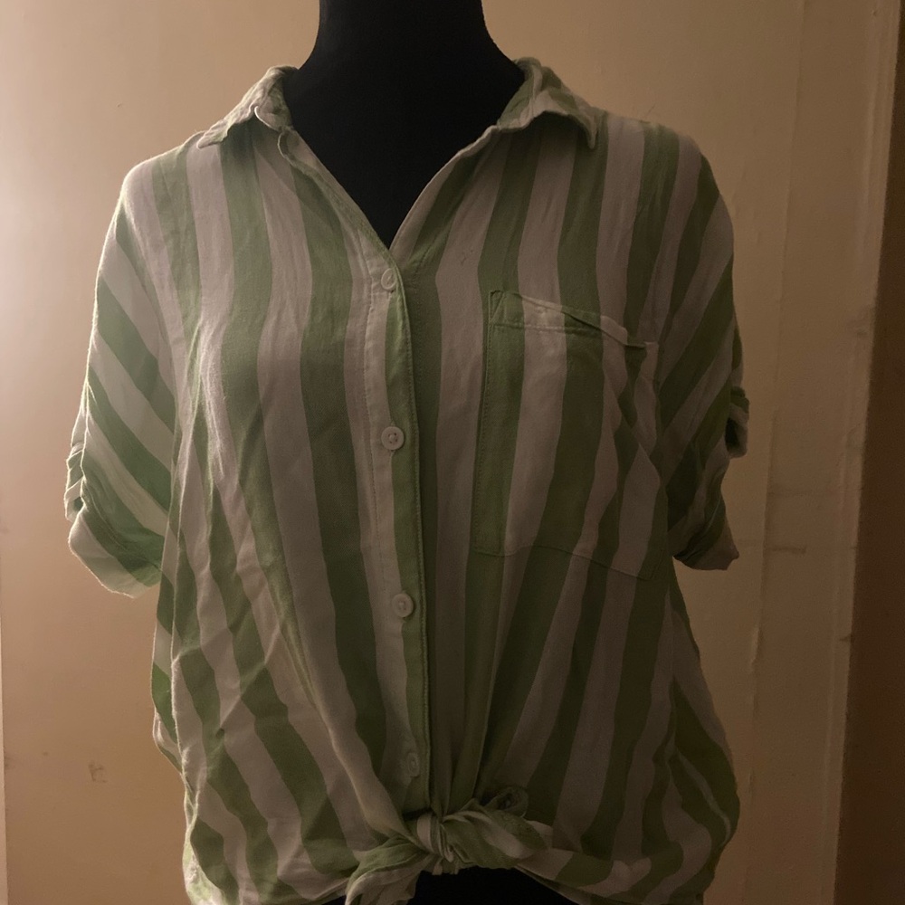 beachlunchlounge Green and White Striped Button Down Shirt